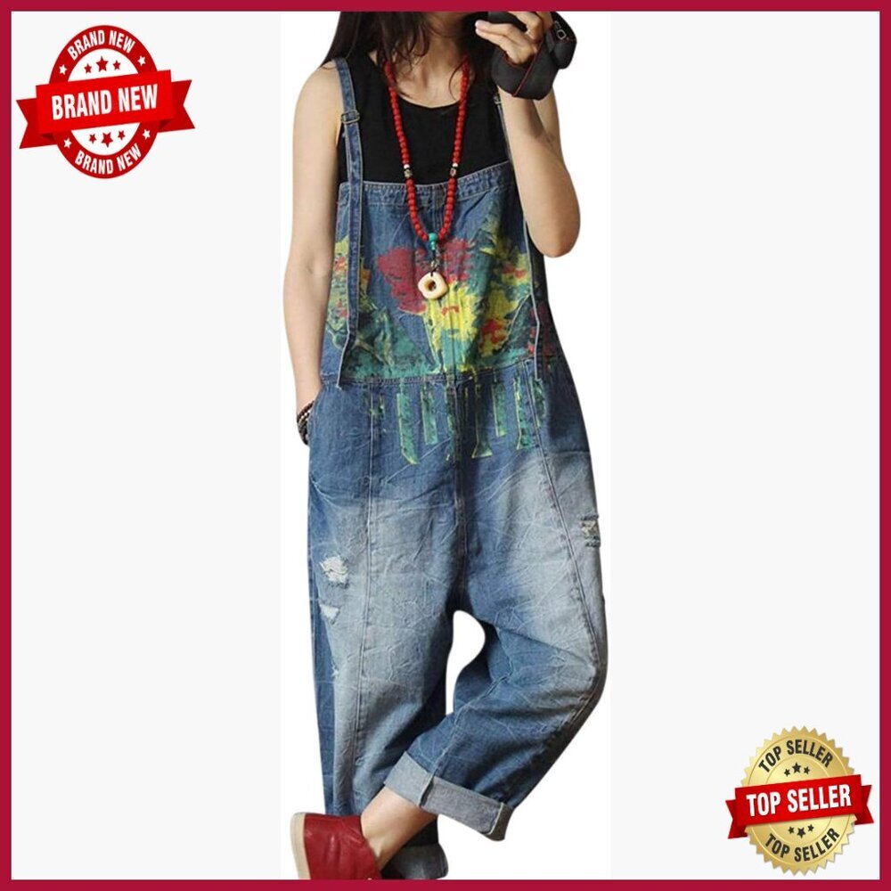 Distressed Denim Overalls Jumpsuit Casual Loose Fit Hand Painted Details